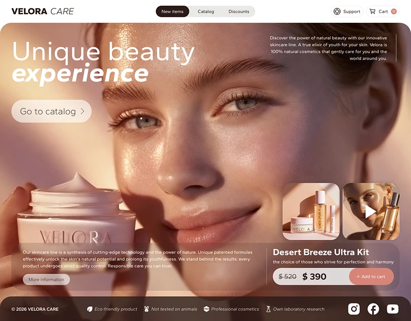 Финальный первый экран skincare-бренда VELORA CARE с крупным бьюти-визуалом и карточкой продукта